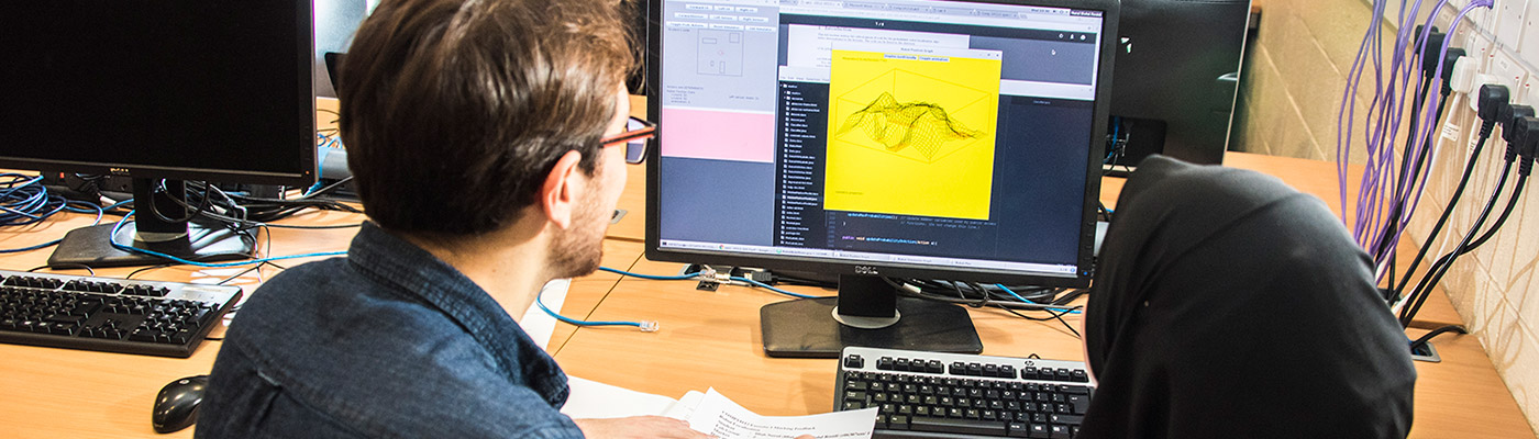 A male tutor showing a woman a graph on a monitor